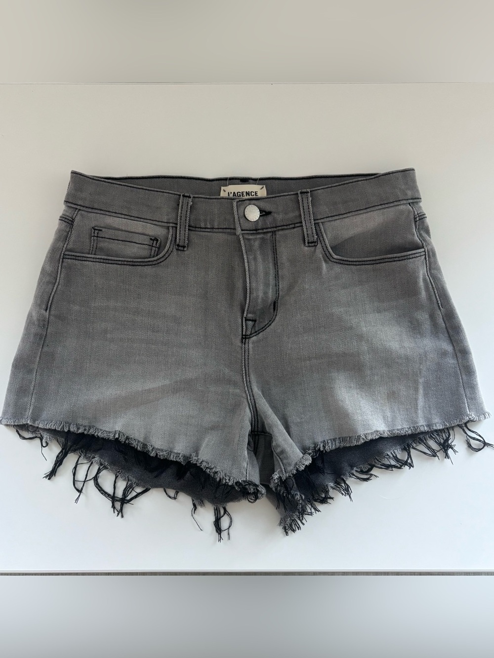 L'AGENCE Gray Frayed Denim Cutoff Shorts